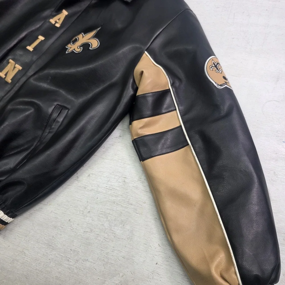 New Orleans Saints Faux Leather Jacket Men's Size L G-III NFL Embroidered Patch